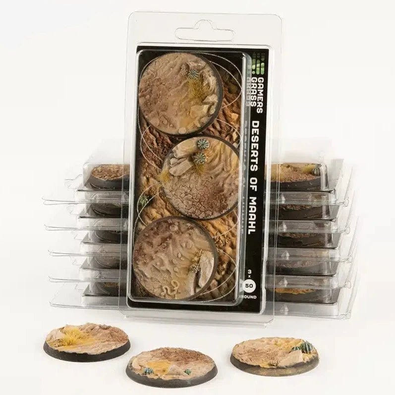 Gamers Grass Battle Ready Bases Deserts of Maahl 50mm round in blister packs, three bases in front