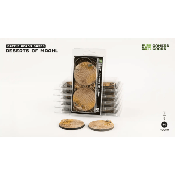 Gamers Grass Battle Ready Bases Deserts of Maahl 60mm round, pack of two with bases shown in front