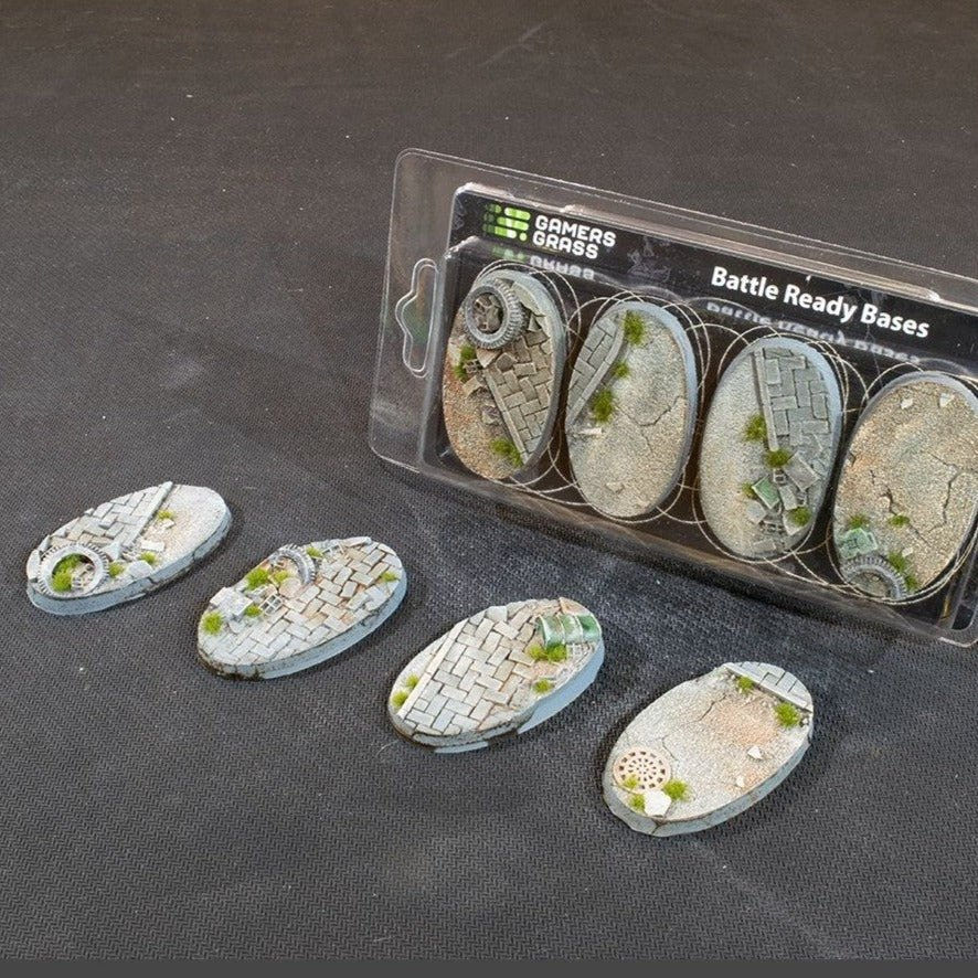 Gamers Grass Urban Warfare 60mm oval Battle Ready Bases, blister of four with loose rubble bases