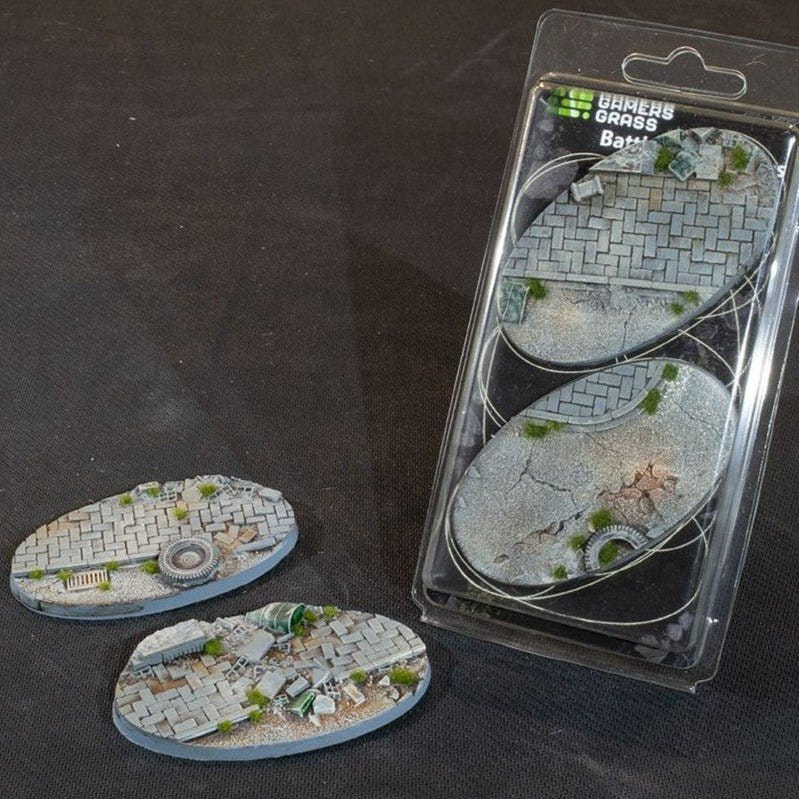 Gamers Grass Urban Warfare 90mm oval Battle Ready Bases, two in blister pack and loose