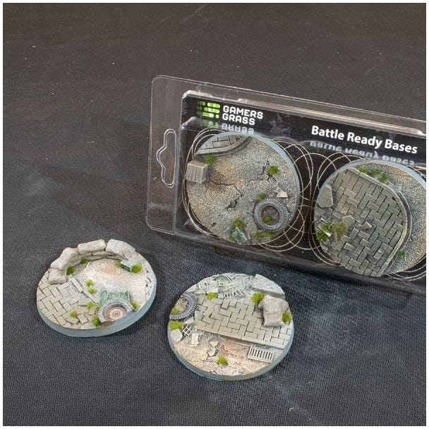Gamers Grass Urban Warfare 60mm round Battle Ready Bases, two bases with rubble and weeds and their pack