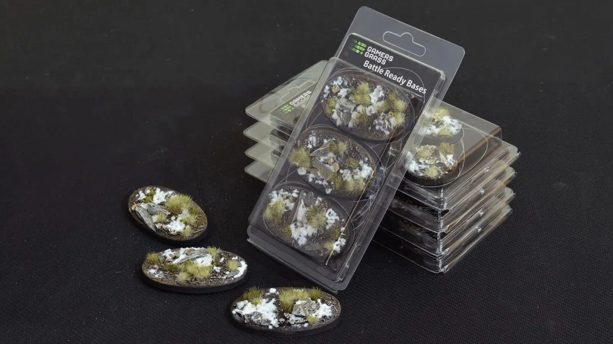Gamers Grass Battle Ready Winter 75mm oval bases in blister packs, three snowy bases in front