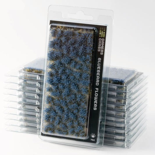 Stack of Gamers Grass Bluebeard Flowers tuft packs with blue flowering tufts