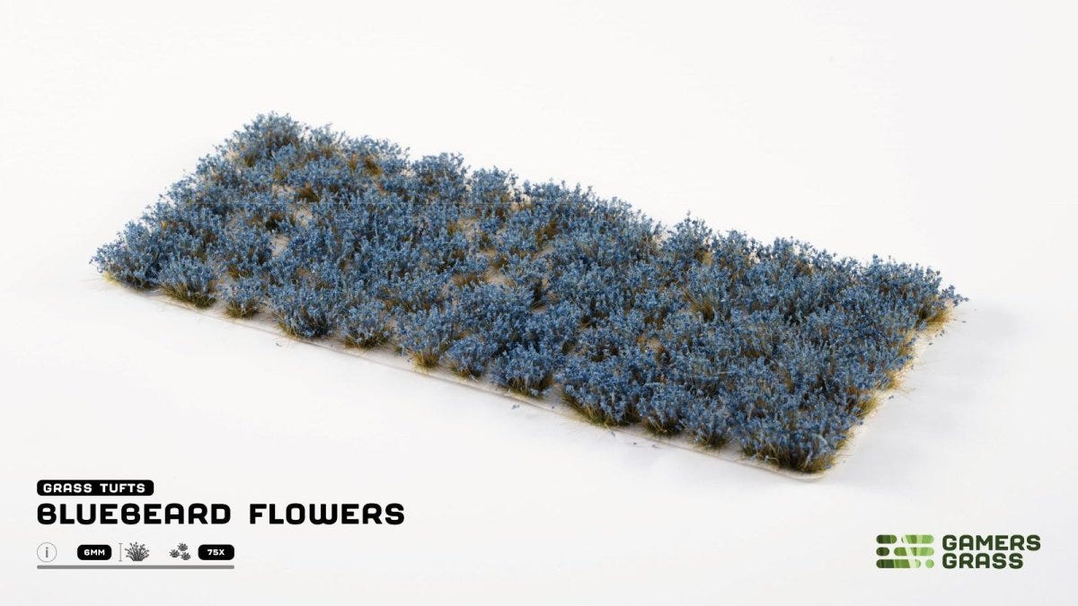 Gamers Grass Bluebeard Flowers sheet of blue blossom tufts on white backing