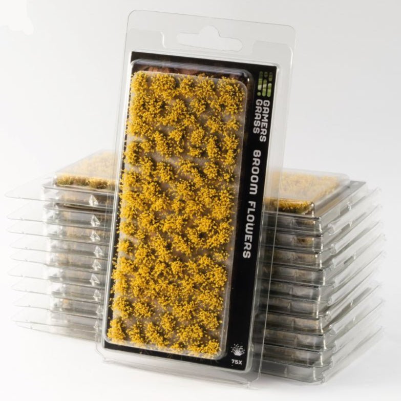 Gamers Grass Broom Flowers tuft sheets in blister packs, golden-yellow blossom