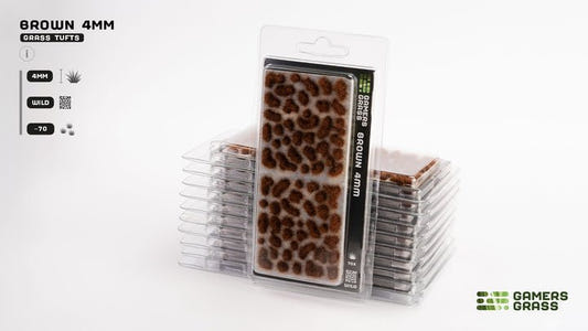 Gamers Grass Brown 4mm Wild tufts in blister packaging, front of the stacked packs
