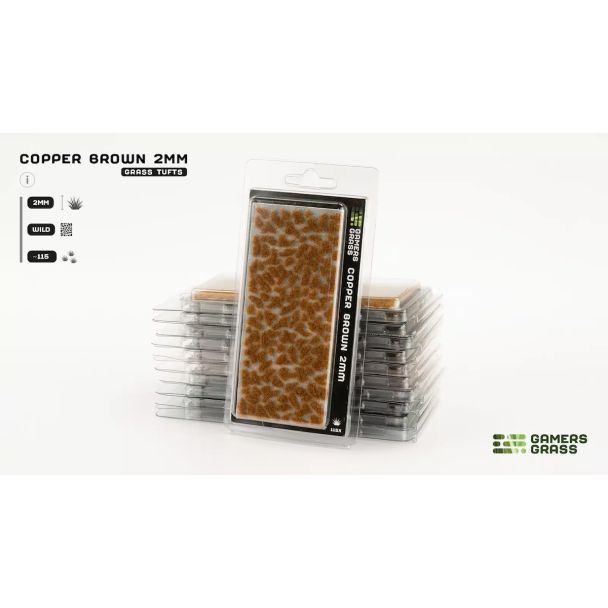 Gamers Grass Copper Brown 2mm tufts in blister packaging, shown with stacked packs