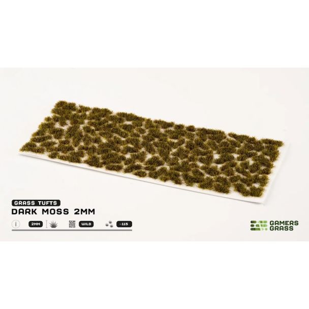 Gamers Grass Dark Moss 2mm grass tufts on the backing sheet, low deep green moss clumps