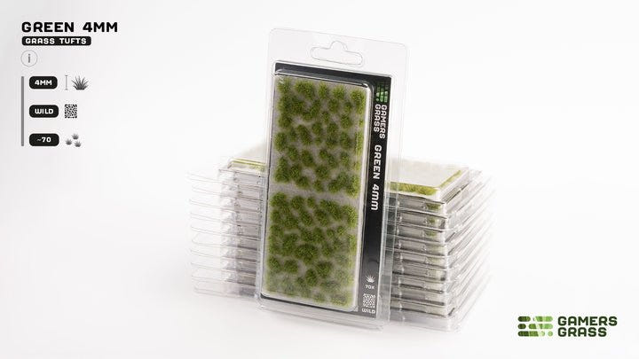 Gamers Grass Green 4mm grass tufts in blister packaging, stacked packs