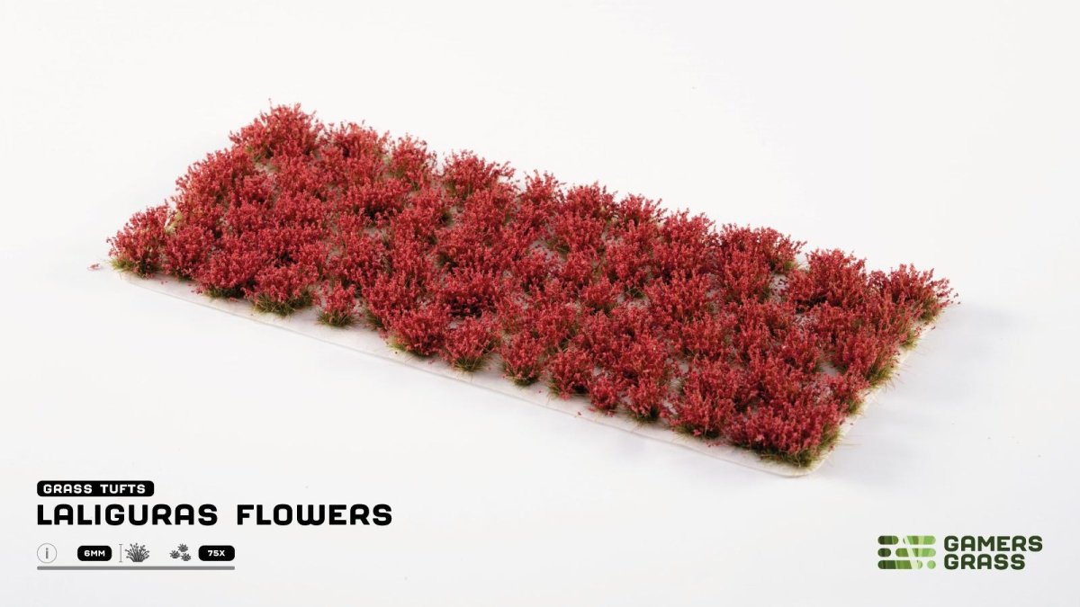 Gamers Grass Laliguras Flowers sheet of red flowering tufts with the product label