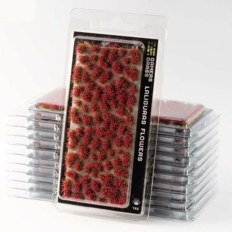 Gamers Grass Laliguras Flowers tufts in blister packs, clumps of vivid red blooms