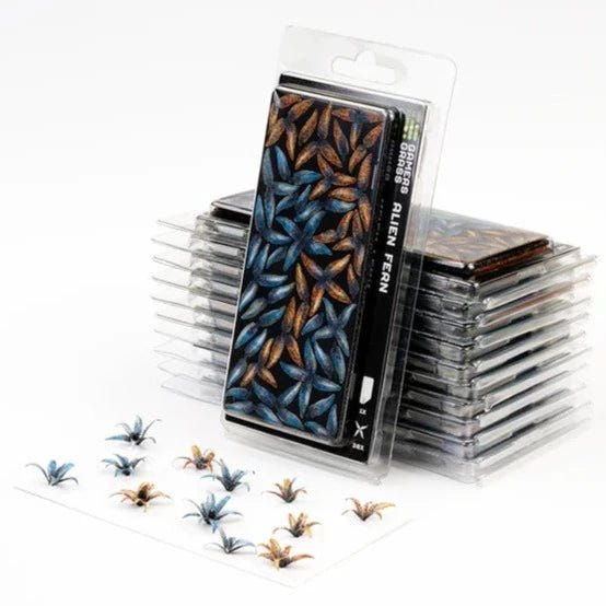 Gamers Grass laser-cut plant pack of blue and copper leaves in clear blister packaging