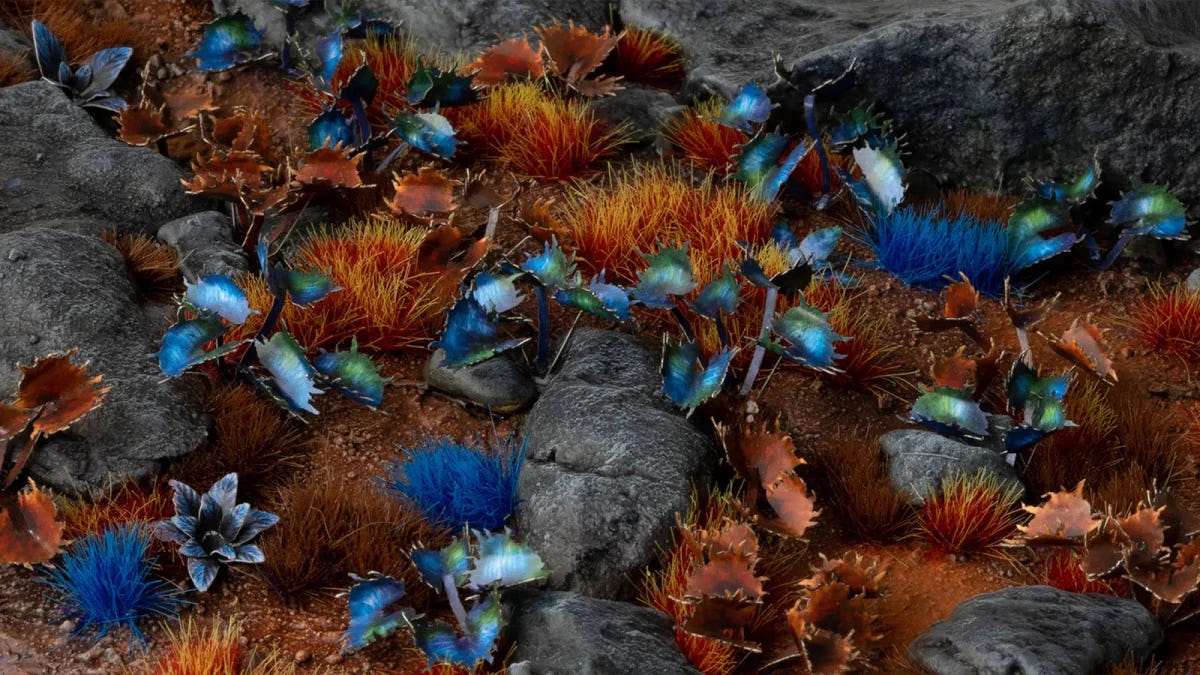 Rocky alien terrain dressed with blue and reddish-brown Gamers Grass laser-cut plants