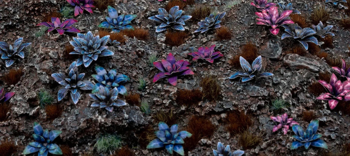 Alien landscape base covered in blue and pink Gamers Grass Alien Rosette plants