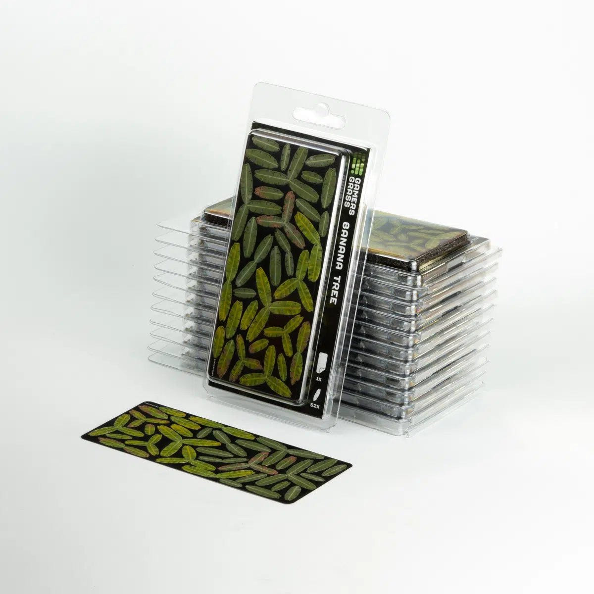 Gamers Grass Laser Plants Banana Tree blister stack with a flat sheet of laser-cut leaves
