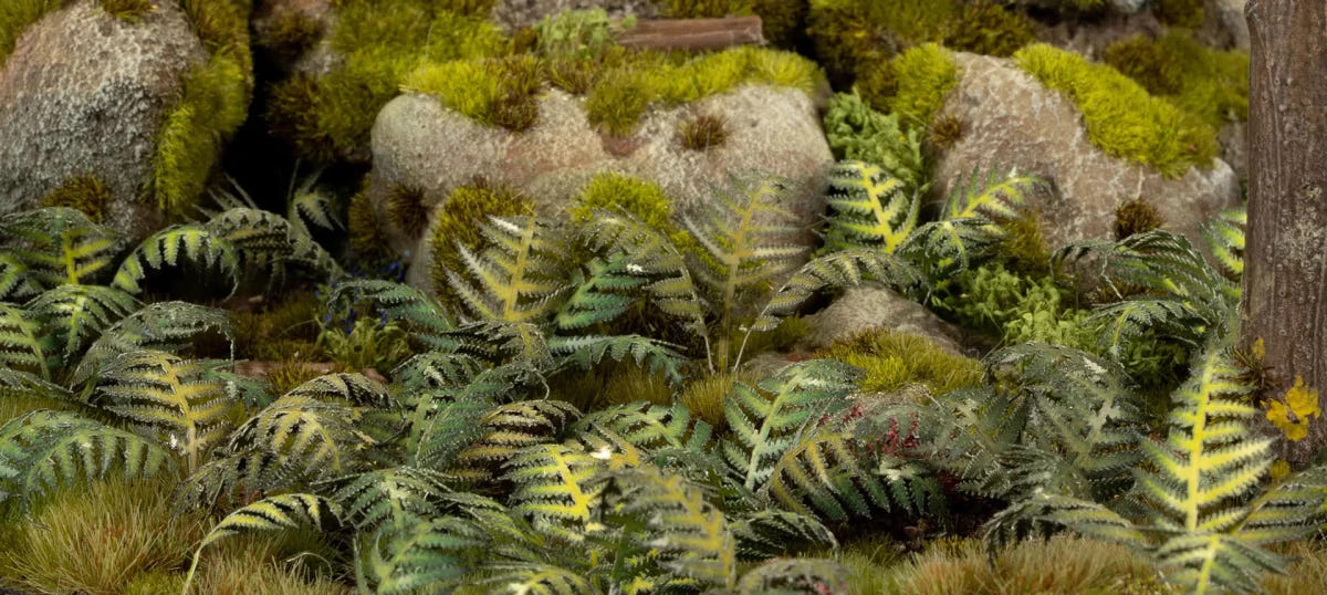 Gamers Grass Laser Plants Bracken ferns planted among mossy rocks on a woodland scenery base