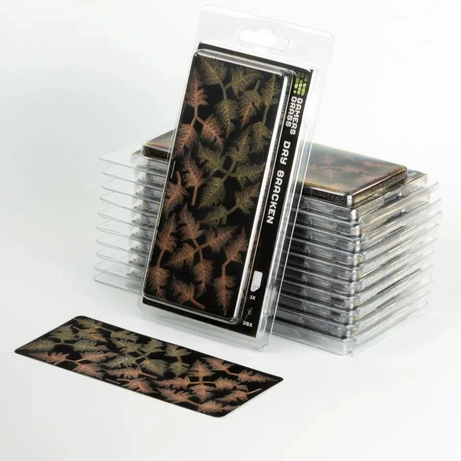 Gamers Grass Laser Plants Dry Bracken in stacked blister packs with a sheet of laser-cut ferns