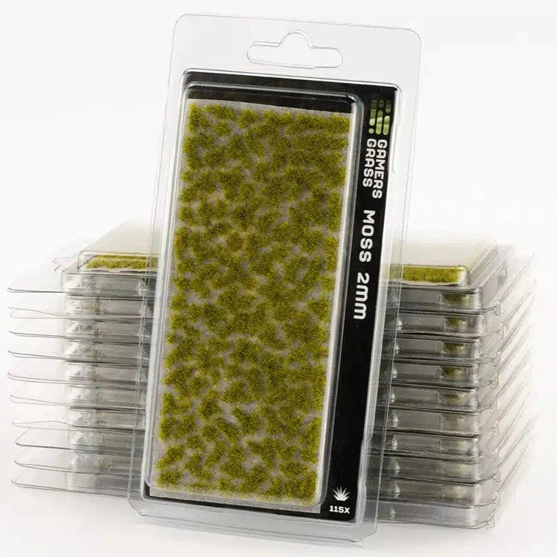 Gamers Grass Moss 2mm tufts in blister packaging, shown with stacked packs