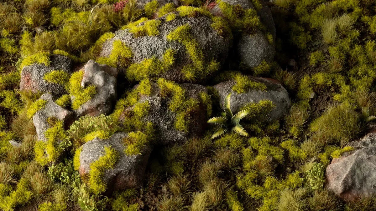 Gamers Grass Moss 2mm tufts creeping over rocks on a scenic base