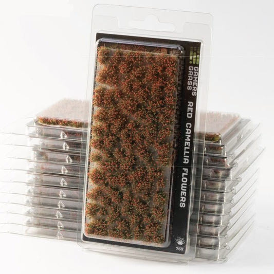 Gamers Grass Red Camellia Flowers tufts in blister packaging, shown with stacked packs