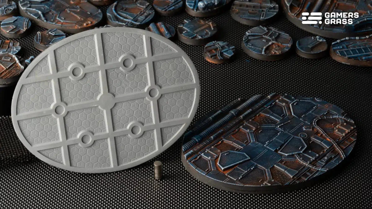 Grey underside of a Gamers Grass Spaceship Corridor 120mm oval base with magnet slots