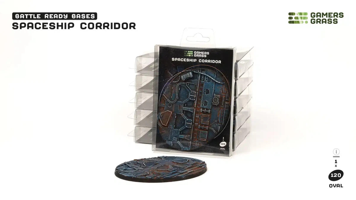 Gamers Grass Battle Ready Spaceship Corridor 120mm oval base in blister packs, one base in front