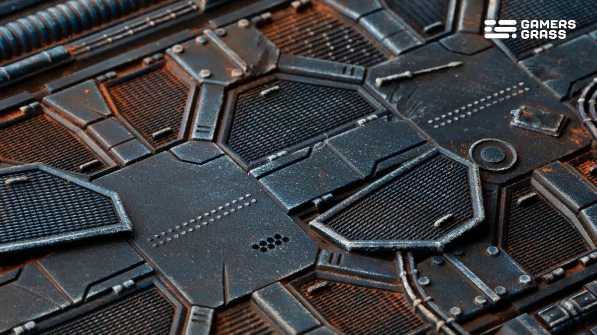 Close-up of the Gamers Grass Spaceship Corridor 120mm oval base, rusted floor plates and pipes