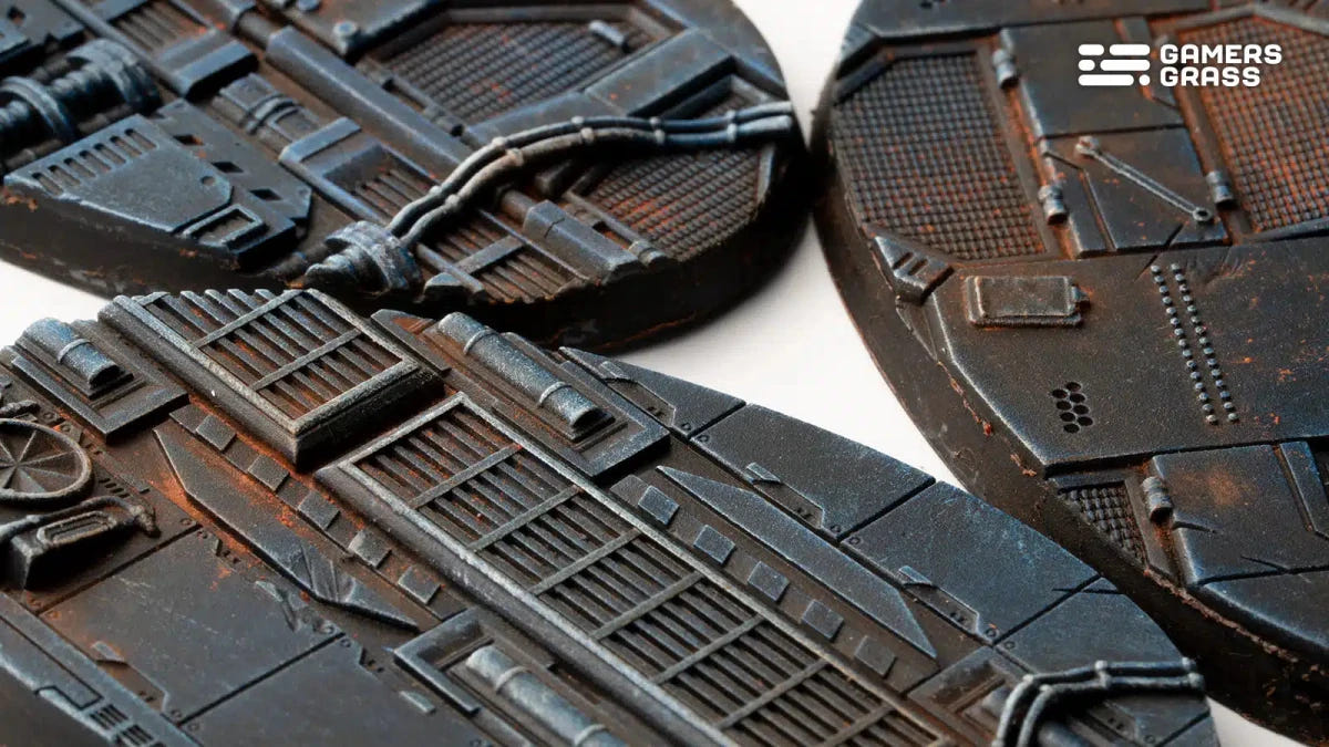 Close-up of Gamers Grass Spaceship Corridor oval bases showing rusted floor grilles and panels