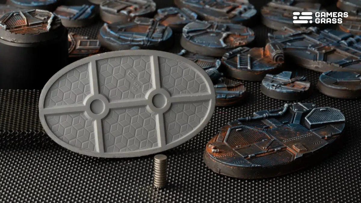 Grey underside of a Gamers Grass Spaceship Corridor 75mm oval base with magnet slots