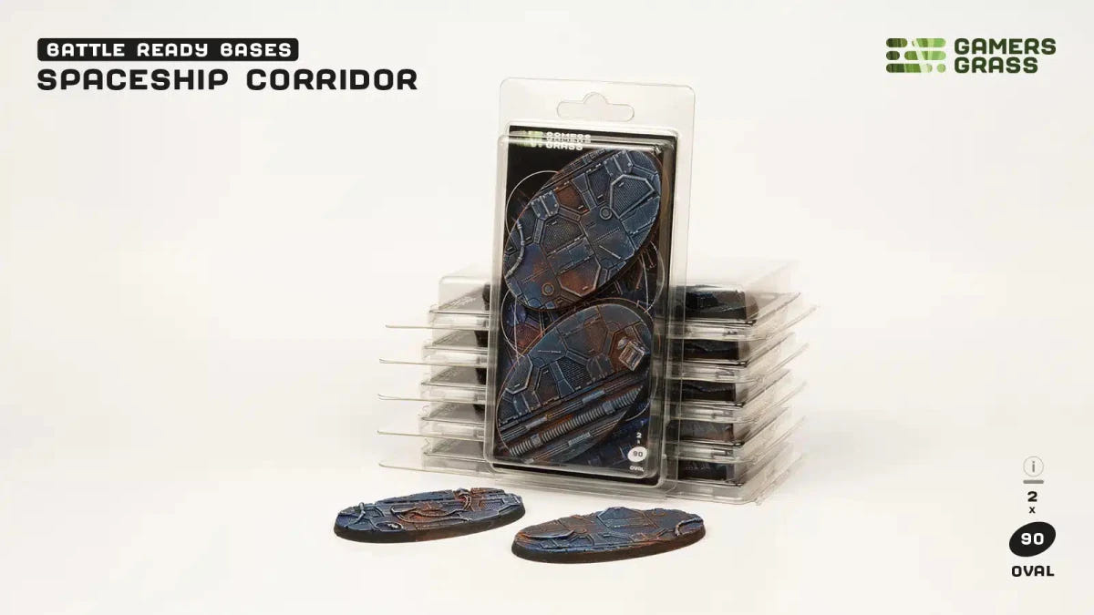 Gamers Grass Battle Ready Spaceship Corridor 90mm oval bases in blister packs, two bases in front