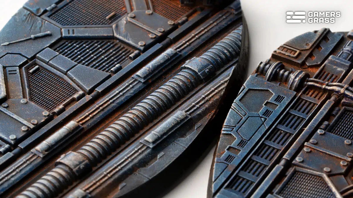 Close-up of Gamers Grass Spaceship Corridor oval bases showing rusted pipes and metal floor detail