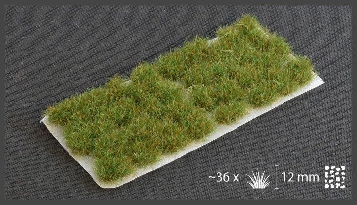Gamers Grass Strong Green XL sheet of about 36 tufts, 12mm tall, with size key