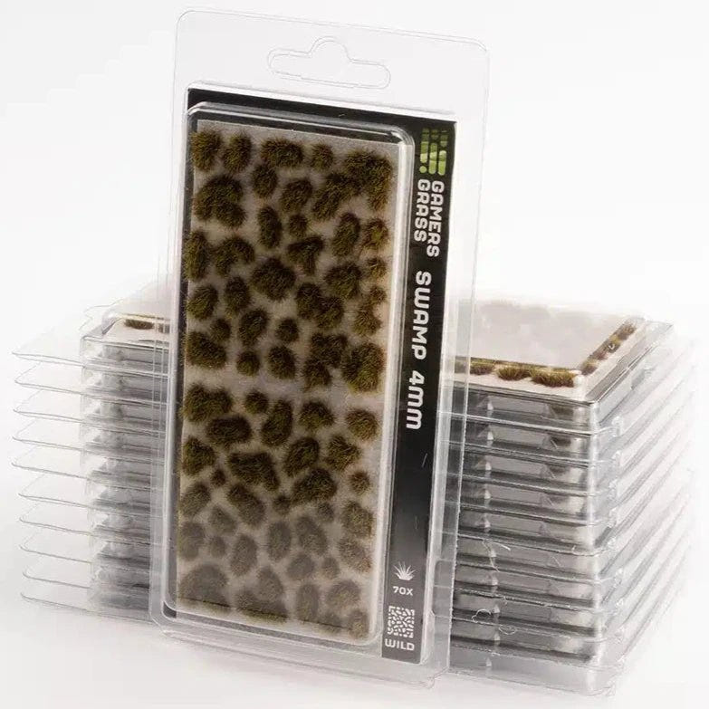 Gamers Grass Swamp 4mm Wild tufts in blister packaging, shown with stacked packs