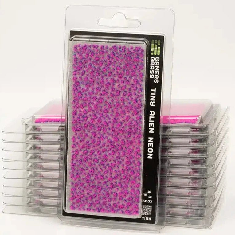 Stack of Gamers Grass Tiny Tufts Alien Neon packs with bright pink and purple tufts