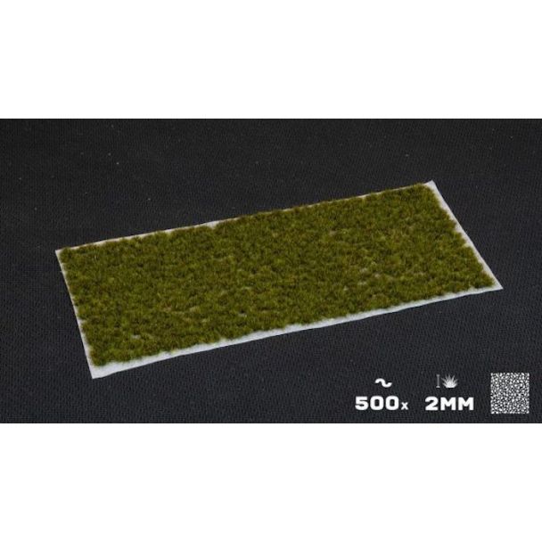 Gamers Grass Tiny Tufts Dark Moss sheet on black backdrop, 500 tufts at 2mm