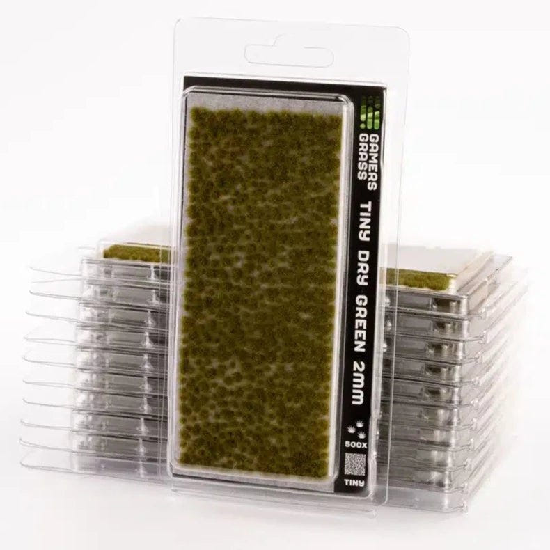 Gamers Grass Tiny Tufts Dry Green 2mm in blister pack, stacked packs behind