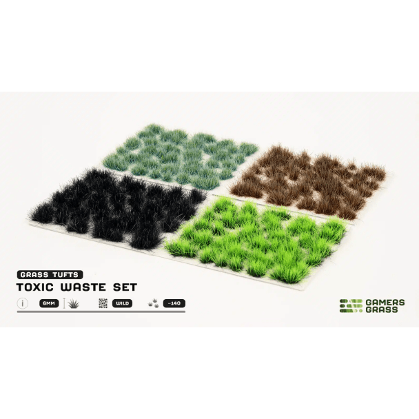 Gamers Grass Toxic Waste tuft set showing four tuft colours laid out side by side