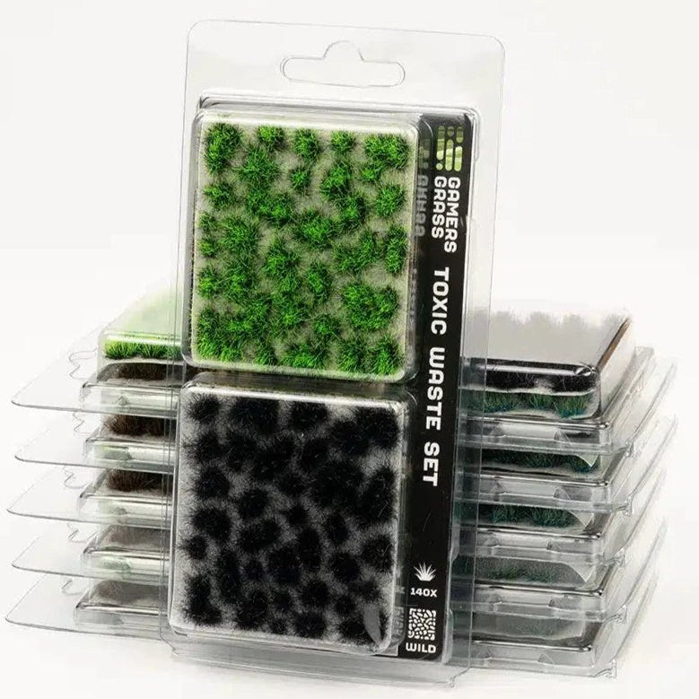 Gamers Grass Toxic Waste tuft set of four blister packs in toxic green and black tufts