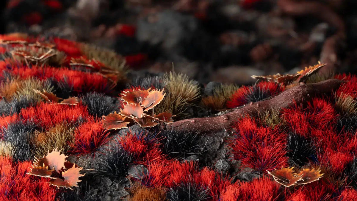 Gamers Grass Alien Blood Moon red tufts mixed with dark grass and fallen leaves on a scenic base