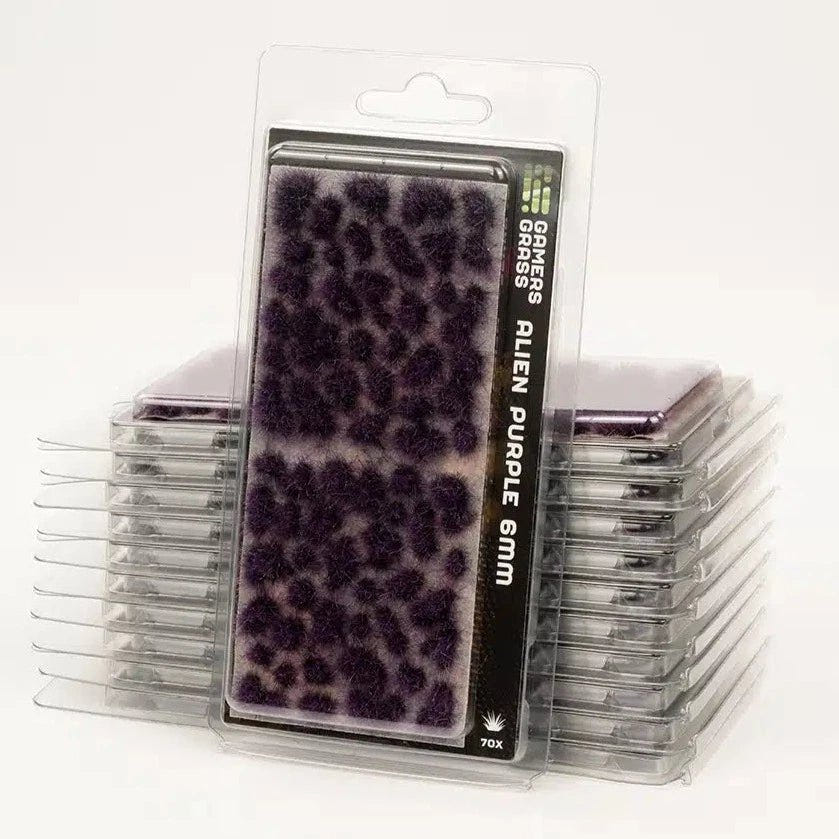 Gamers Grass Alien Purple 6mm tufts in blister packaging, front of the stacked packs