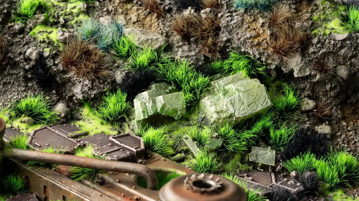 Gamers Grass Alien Toxic tufts on a ruined battlefield base with rusted wreckage