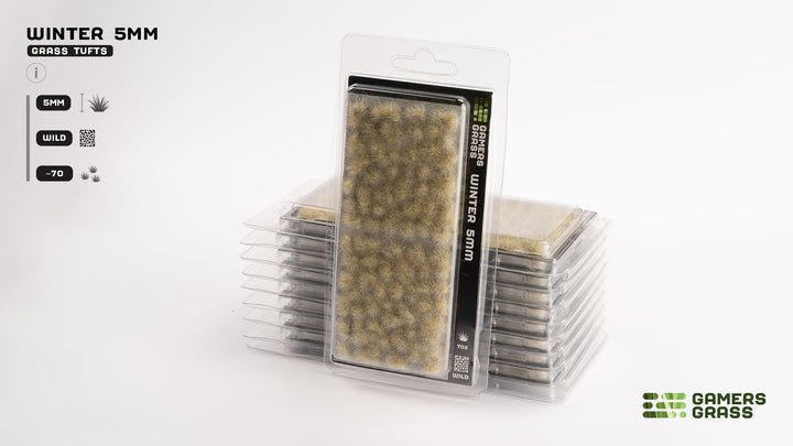 Gamers Grass Winter 5mm grass tufts in blister packaging, stacked packs