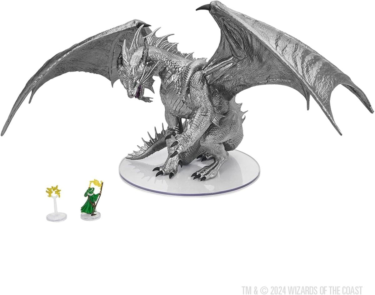 Gargantuan Bahamut with breath weapon and Fizban figure, three-quarter view