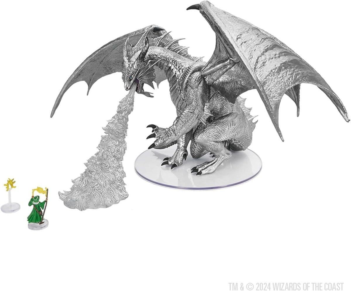 Gargantuan Bahamut breathing Platinum Fire effect beside the small Fizban the Fabulous figure