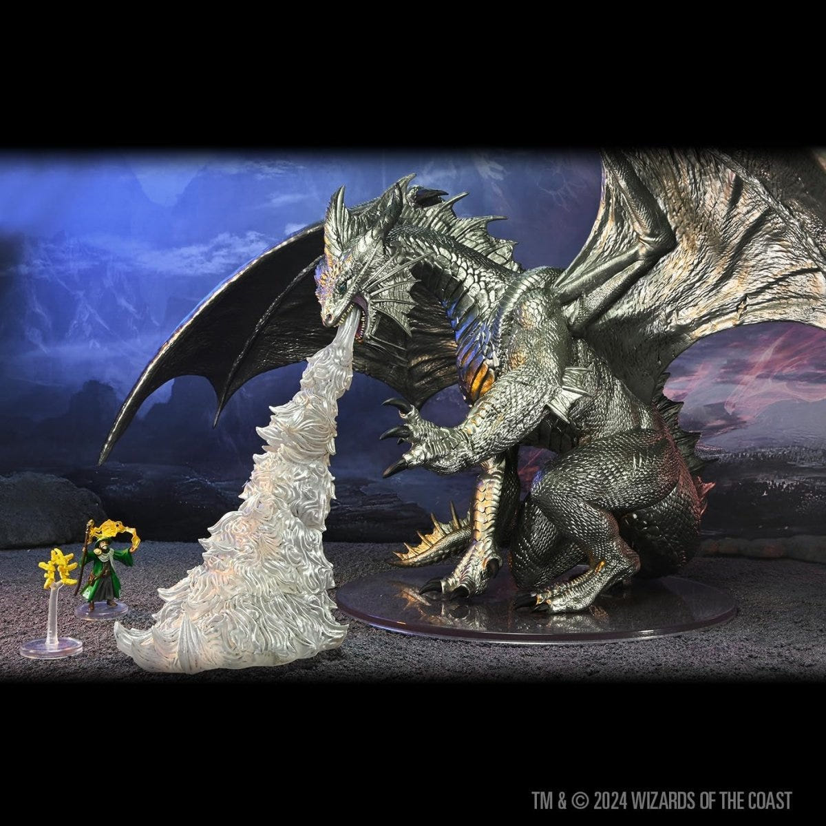 Gargantuan Bahamut breathing fire at Fizban on a dark tabletop scene, D&D Icons of the Realms