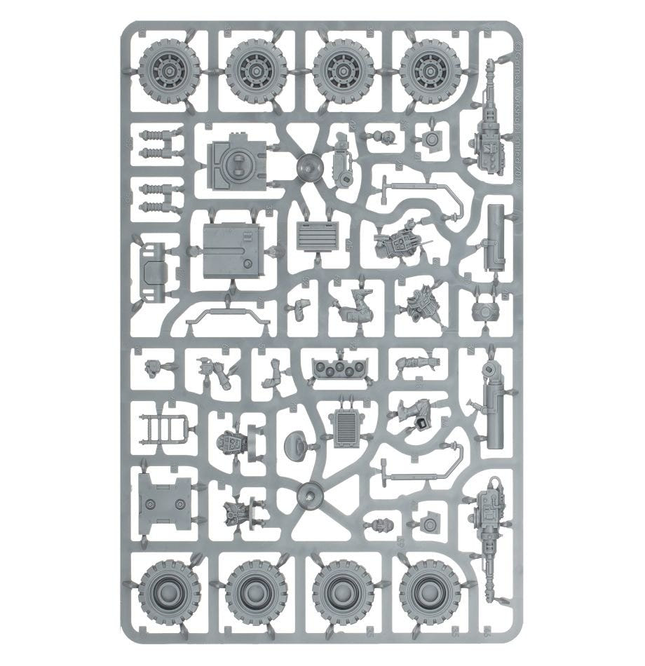 Achilles Ridgerunner unpainted plastic sprue with wheels and weapons, frame 2 of 2