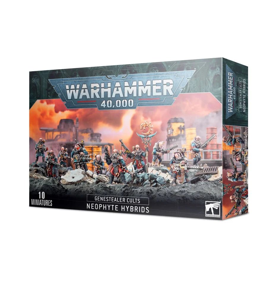 Warhammer 40,000 Genestealer Cults Neophyte Hybrids box front showing 10 miniatures, Games Workshop