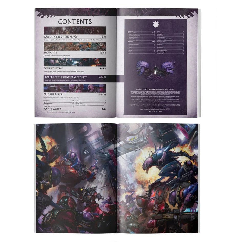 Codex: Genestealer Cults inside pages with the contents list and a cult uprising artwork spread
