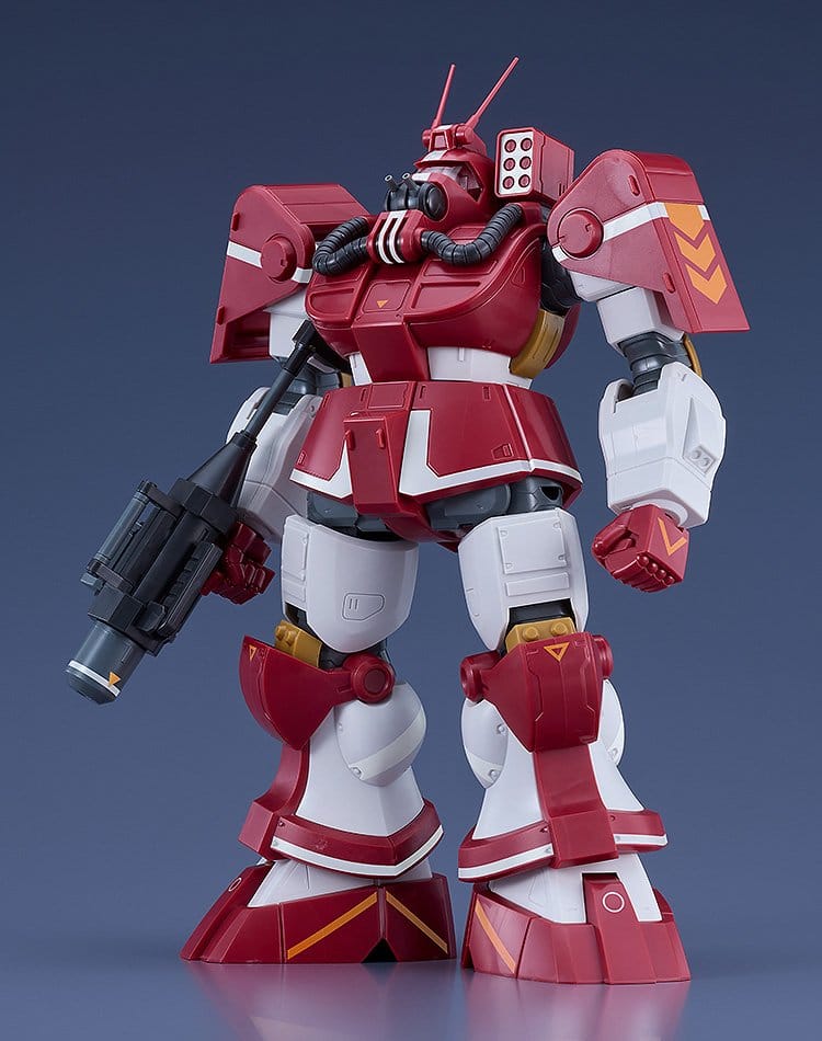 Get Truth Dougram Blockhead Ver. GT by Max Factory with rifle, front view on blue backdrop