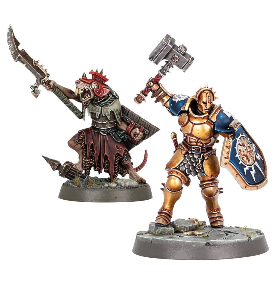 Painted Stormcast Eternal with hammer and shield beside a Skaven warrior with curved blade